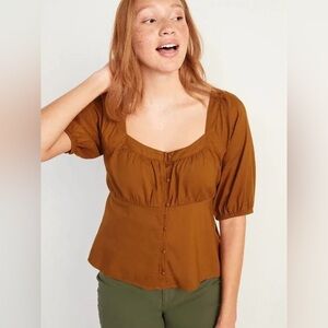Old Navy Puff Sleeve Smocked Button Down Blouse Burnt Orange Cotton Blend Size M